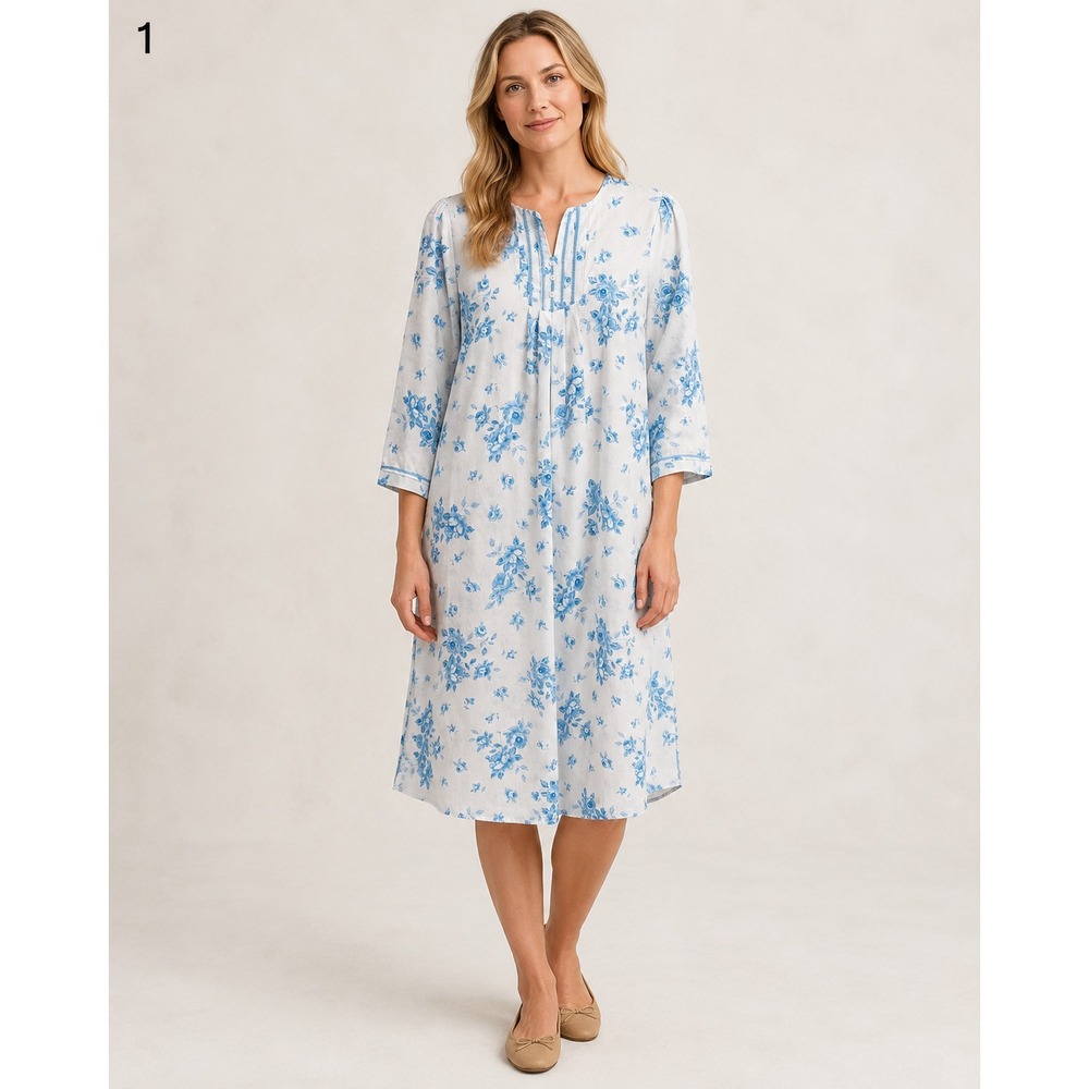 Carole Hochman Nightgown Womens XS White Blue Floral Print‎ Polyester Cotton
